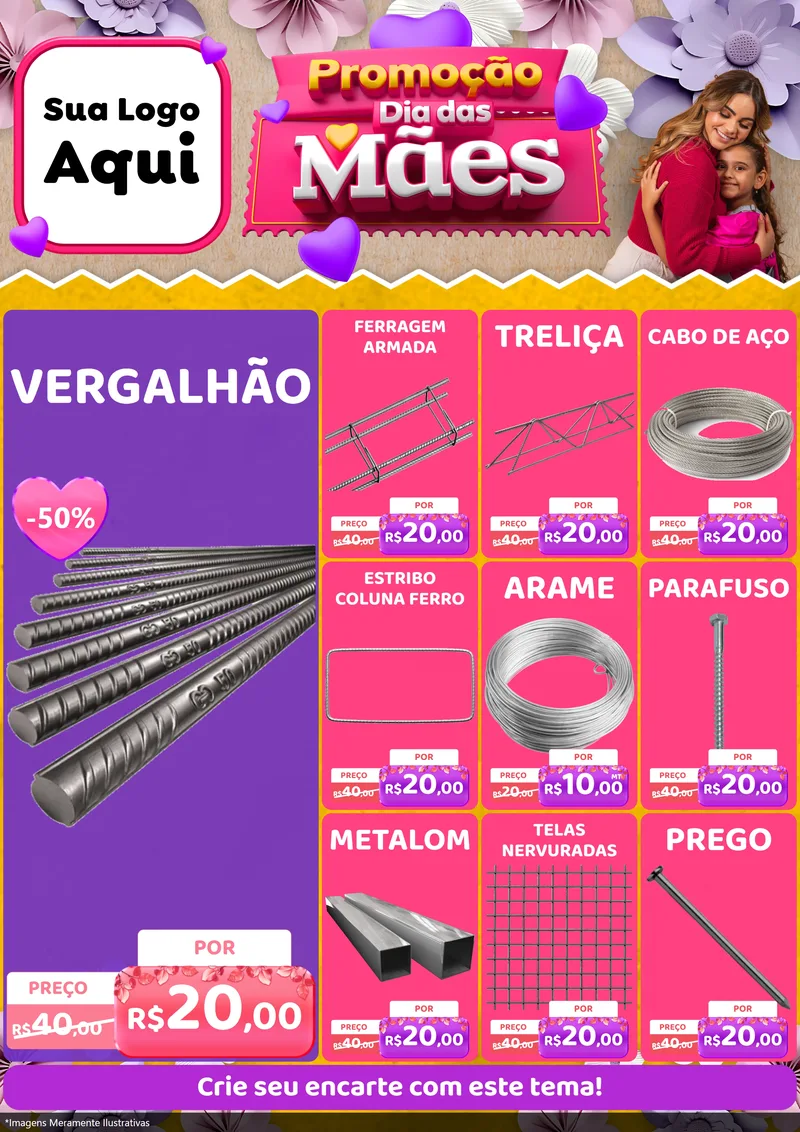 Modelo de Encarte para Encarte A4 Vertical com o tema Promoção Dia das Mães para Ferragens