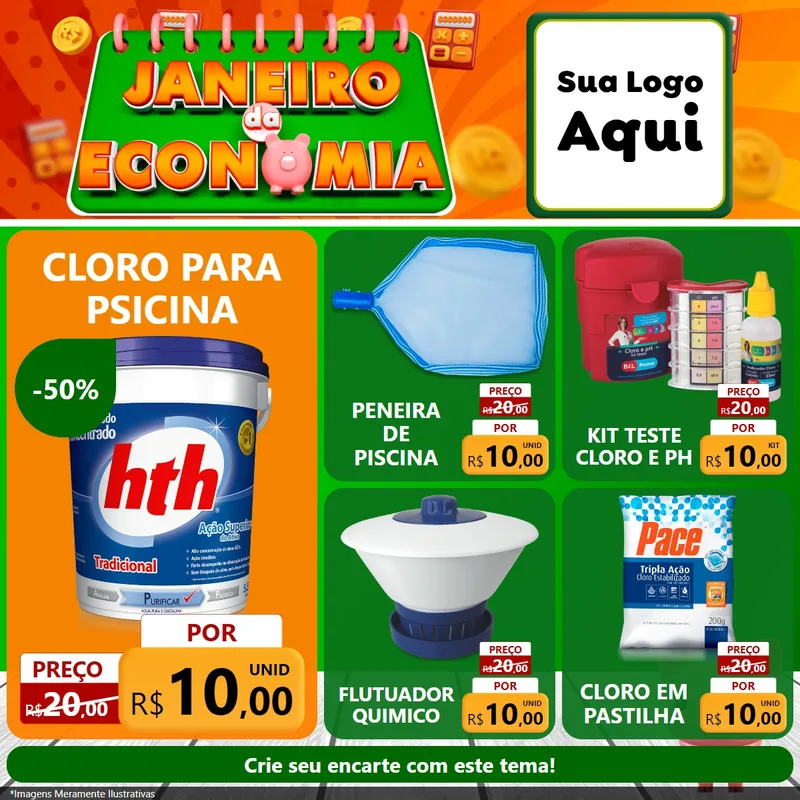 Modelo de Rede Social para Feed Facebook com o tema Janeiro da Economia para Produtos para Piscina