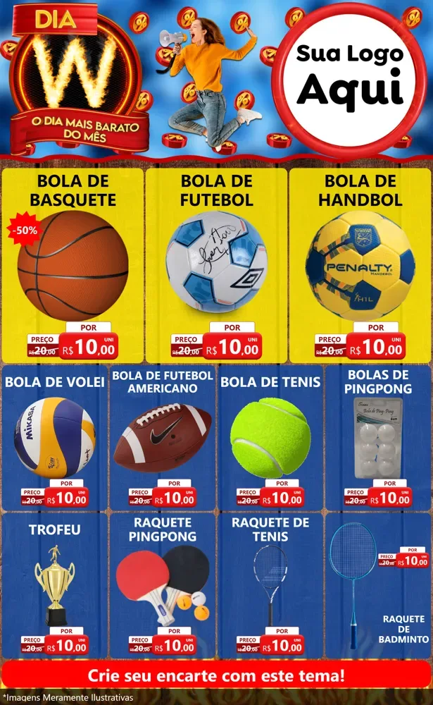 Modelo de Encarte para Encarte Grande com o tema Dia W - O Dia Mais Barato Do Mês para Artigos Esportivos