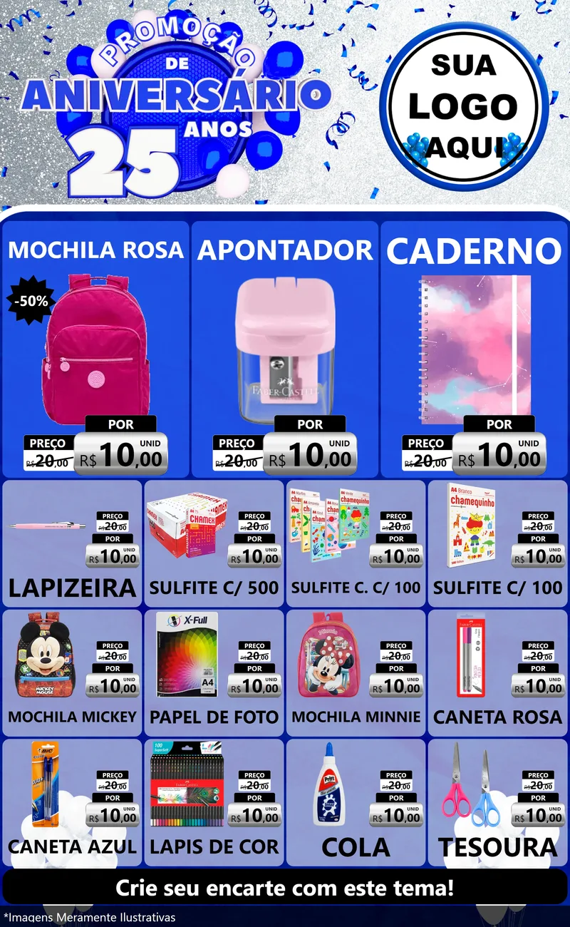 Modelo de Encarte para Encarte Grande com o tema Promoção de Aniversário - 25 Anos para Papelaria
