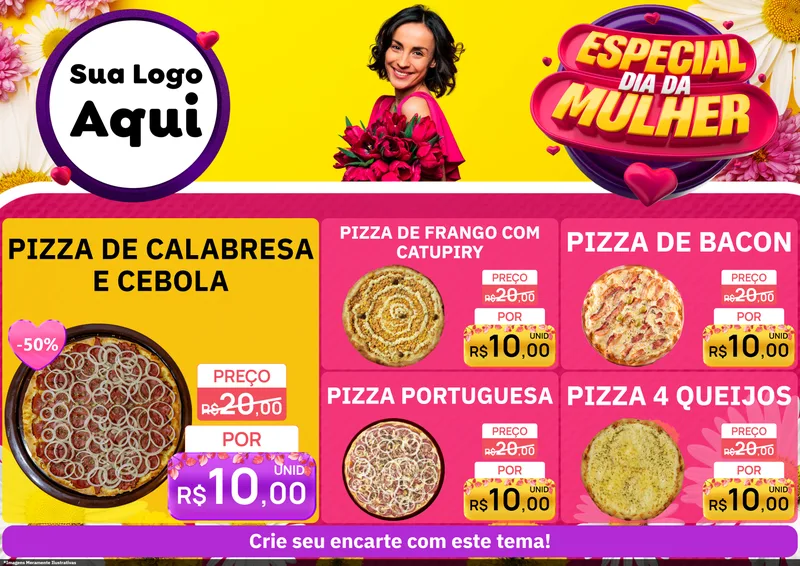 Modelo de Encarte para Encarte A4 Horizontal com o tema Especial Dia da Mulher para Pizzaria