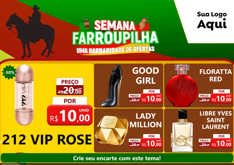 Modelo de Encarte para Encarte A4 Horizontal com o tema Semana Farroupilha - Uma Barbaridade de Ofertas para Perfumes