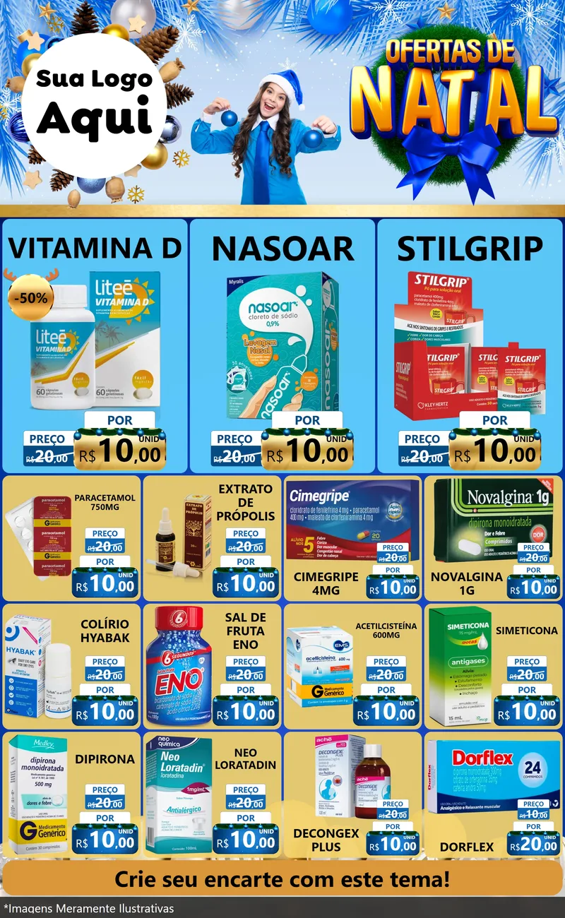 Modelo de Encarte para Encarte Grande com o tema Ofertas de Natal para Farmácia