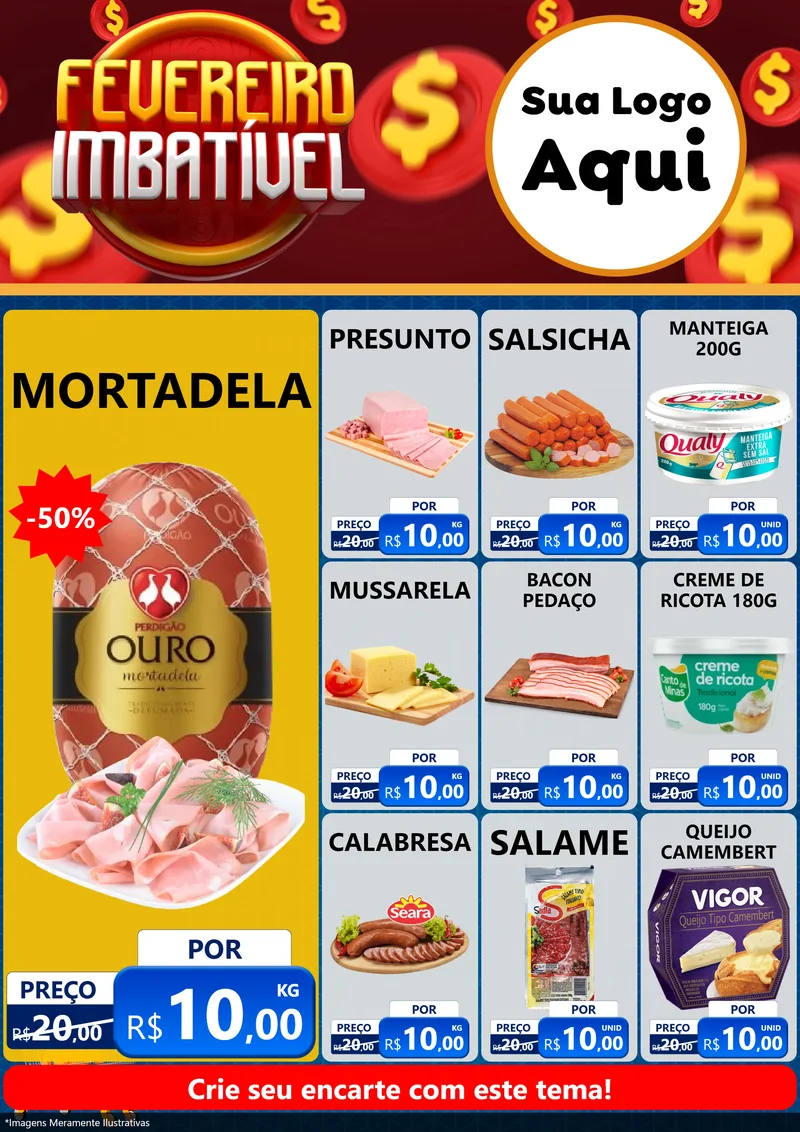 Modelo de Encarte para Encarte A4 Vertical com o tema Fevereiro Imbatível para Frios e Laticínios