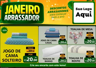 Modelo de Encarte para Encarte A4 Horizontal com o tema Janeiro Arrasador para Cama, Mesa e Banho