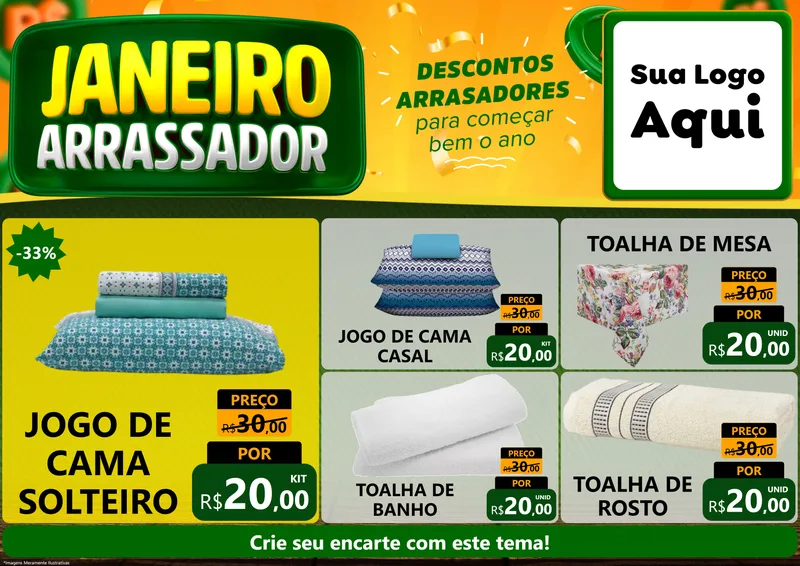 Modelo de Encarte para Encarte A4 Horizontal com o tema Janeiro Arrasador para Cama, Mesa e Banho