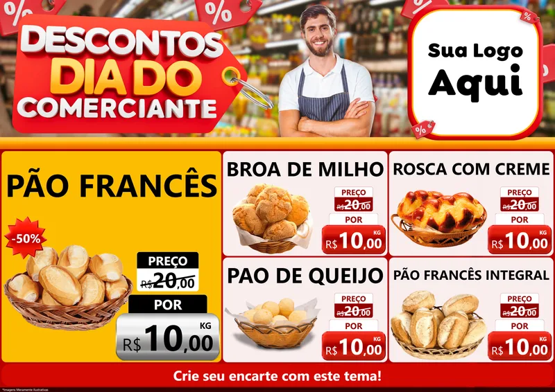 Modelo de Encarte para Encarte A4 Horizontal com o tema Descontos Dia do Comerciante para Padaria