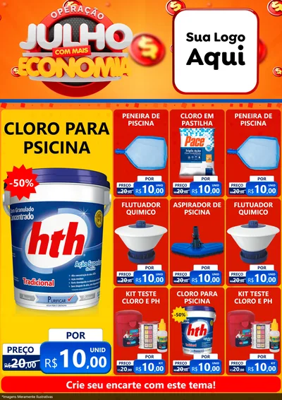 Modelo de Encarte para Encarte A4 Vertical com o tema Operação Julho Com Mais Economia para Produtos para Piscina