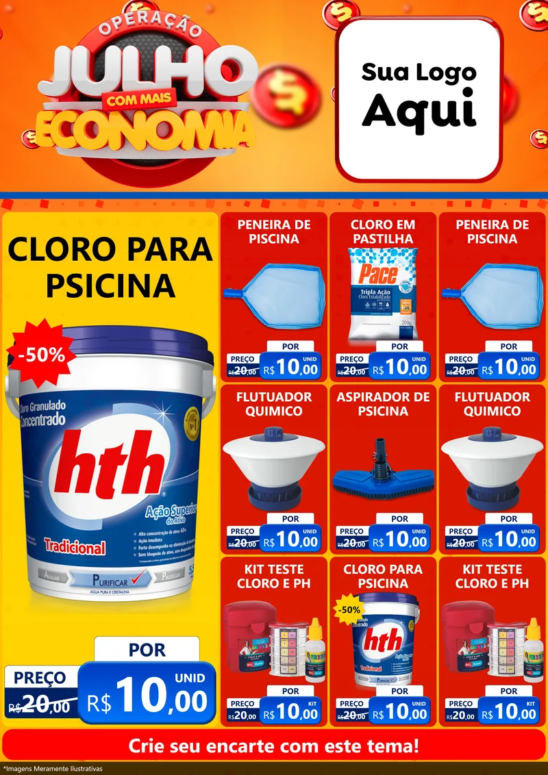 Modelo de Encarte para Encarte A4 Vertical com o tema Operação Julho Com Mais Economia para Produtos para Piscina