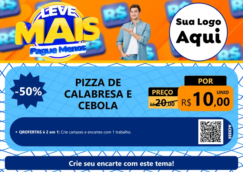 Modelo de Cartaz para Cartaz A4 Horizontal com o tema Leve Mais, Pague Menos para Pizzaria