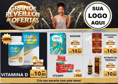 Modelo de Encarte para Encarte A4 Horizontal com o tema Grande Réveillon de Ofertas para Farmácia