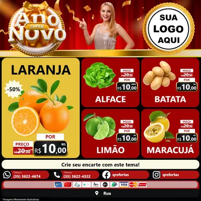 Modelo de Rede Social para Feed Facebook com o tema Super Ano Novo para Hortifrúti
