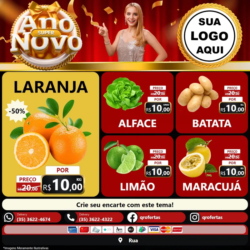 Modelo de Rede Social para Feed Facebook com o tema Super Ano Novo para Hortifrúti