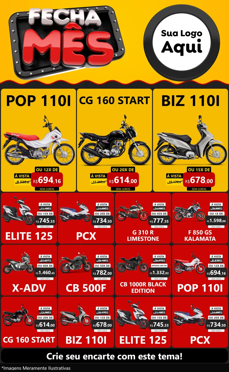 Modelo de Encarte para Encarte Grande com o tema Fecha Mês para Concessionaria de Motos