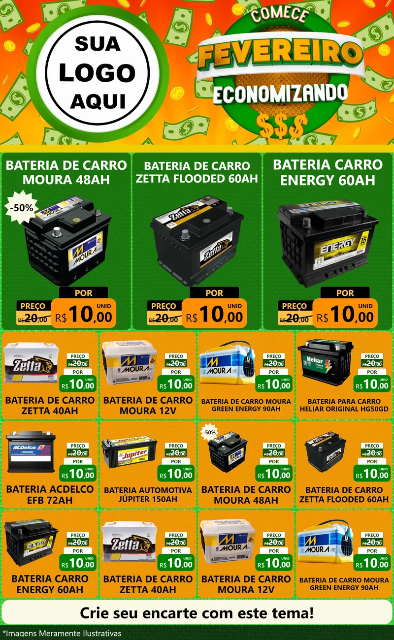 Modelo de Encarte para Encarte Grande com o tema Comece Fevereiro Economizando para Baterias Elétricas