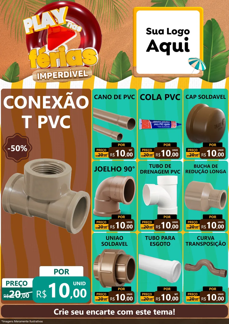 Modelo de Encarte para Encarte A4 Vertical com o tema Play Nas Férias Imperdível para Tubos e conexões