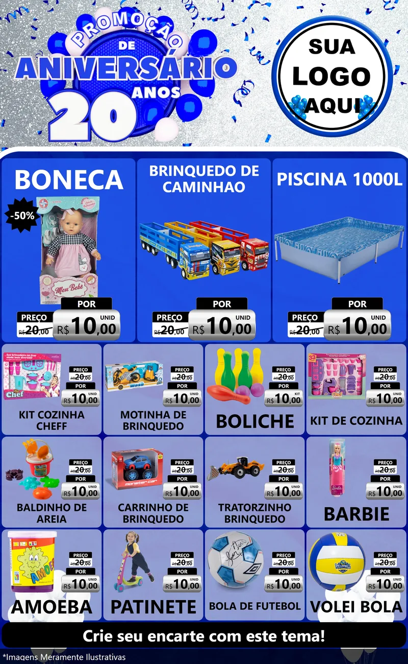 Modelo de Encarte para Encarte Grande com o tema Promoção de Aniversário - 20 Anos para Brinquedos