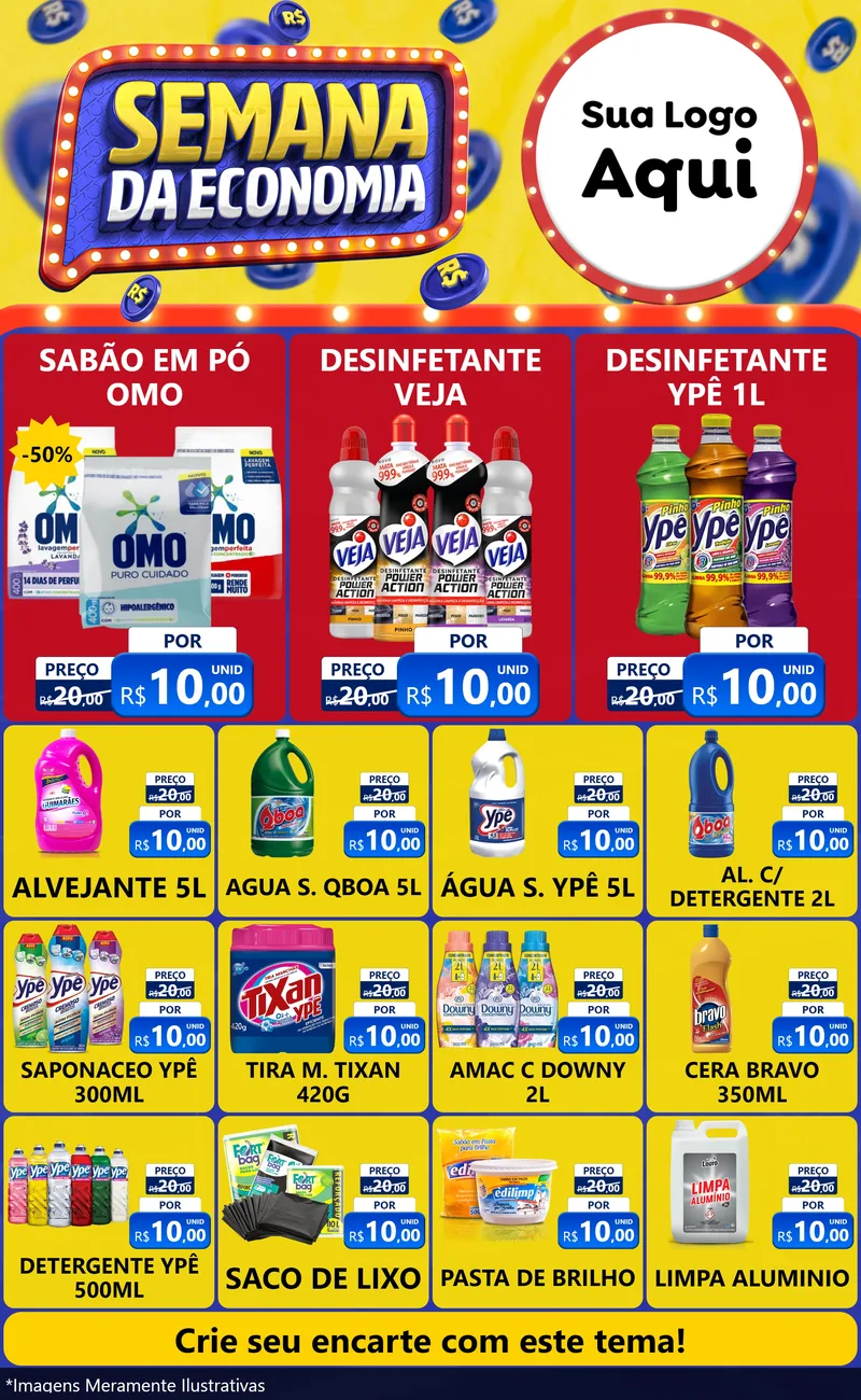 Modelo de Encarte para Encarte Grande com o tema Semana da Economia para Produtos de Limpeza