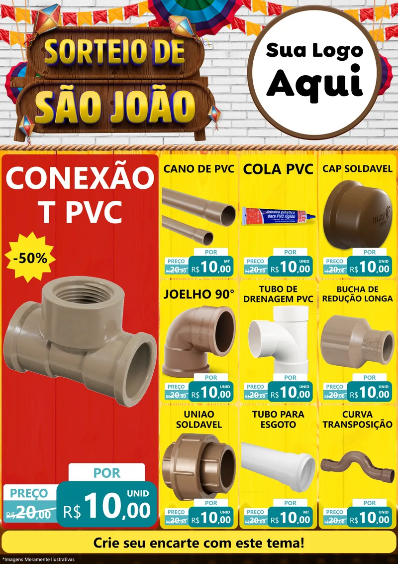 Modelo de Encarte para Encarte A4 Vertical com o tema Sorteio de São João para Tubos e conexões