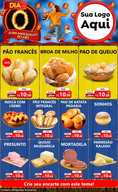 Modelo de Encarte para Encarte Grande com o tema Dia O - O Dia Mais Barato Do Mês para Padaria