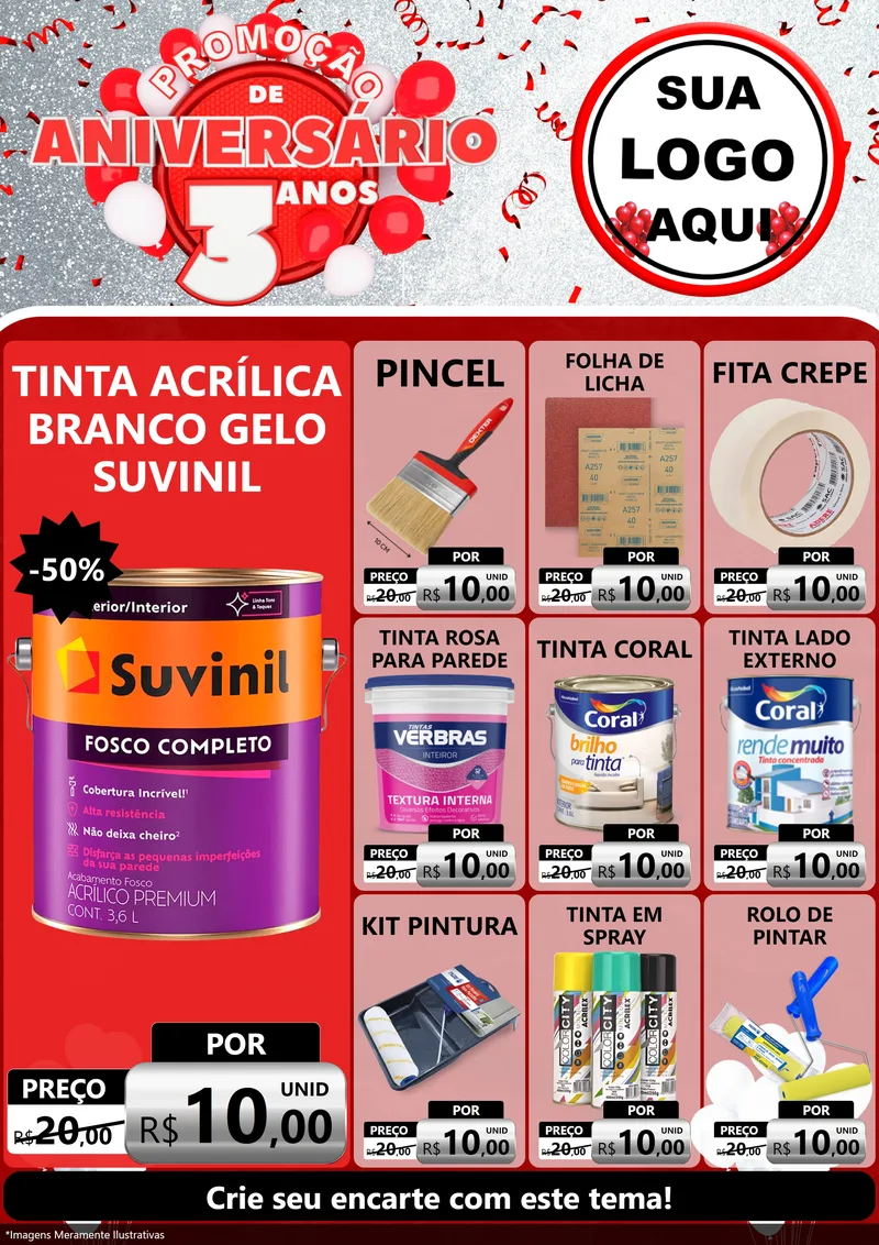 Modelo de Encarte para Encarte A4 Vertical com o tema Promoção de Aniversário - 3 Anos para Tintas e Ferramentas