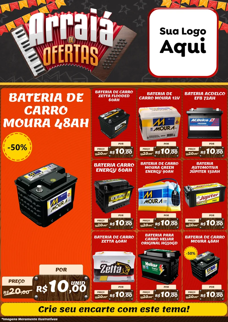 Modelo de Encarte para Encarte A4 Vertical com o tema Arraiá de Ofertas - Junina para Baterias Elétricas