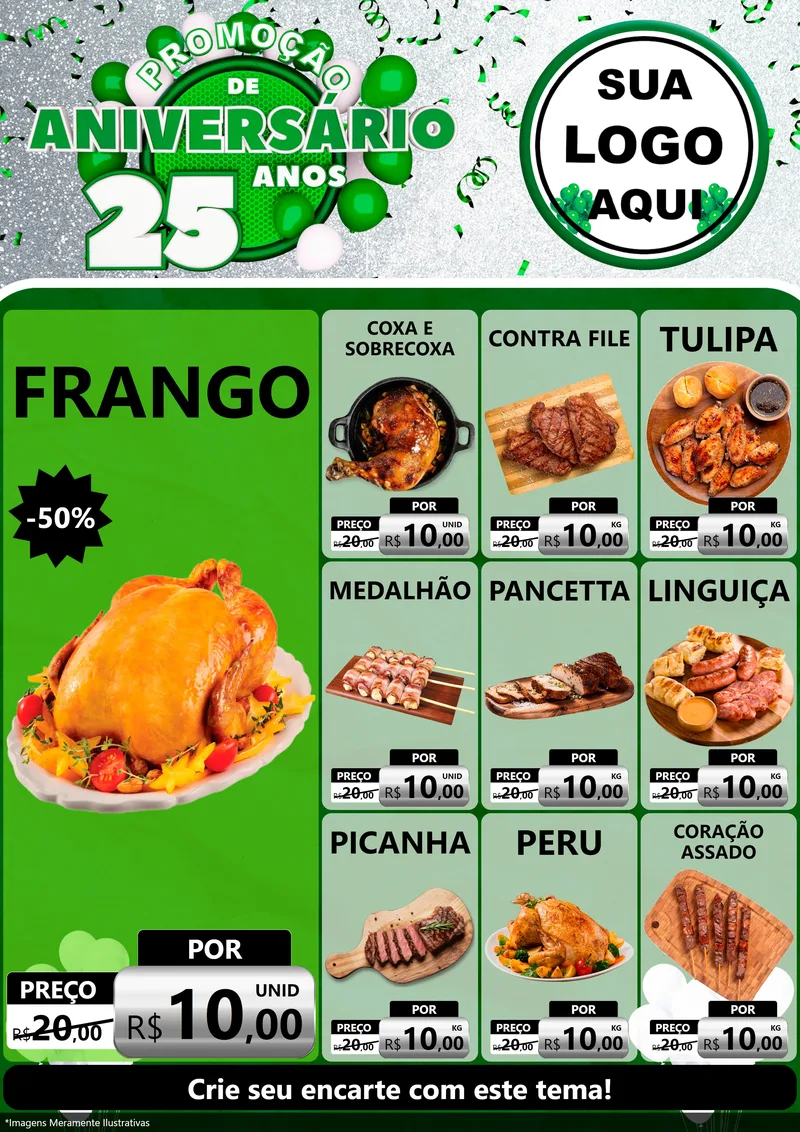 Modelo de Encarte para Encarte A4 Vertical com o tema Promoção de Aniversário - 25 Anos para Assados
