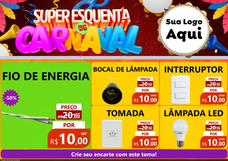 Modelo de Encarte para Encarte A4 Horizontal com o tema Super Esquenta de Carnaval para Materiais Elétricos