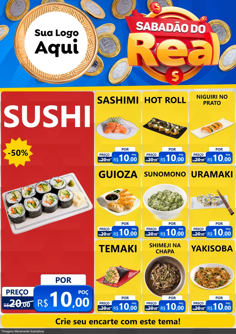 Modelo de Encarte para Encarte A4 Vertical com o tema Sabadão do Real para Comida japonesa