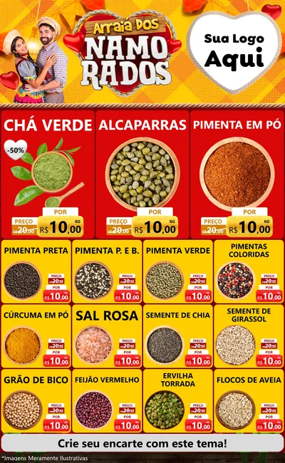 Modelo de Encarte para Encarte Grande com o tema Arraiá dos Namorados para Produtos Naturais
