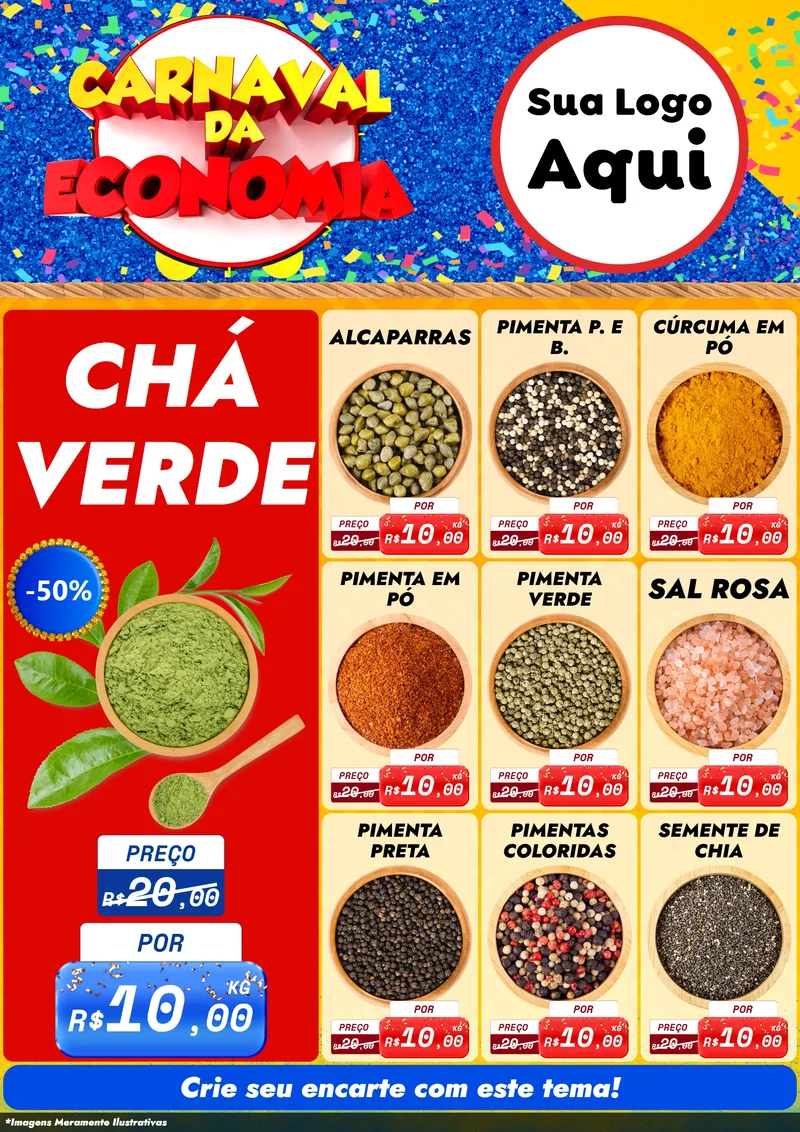 Modelo de Encarte para Encarte A4 Vertical com o tema Carnaval da Economia para Produtos Naturais