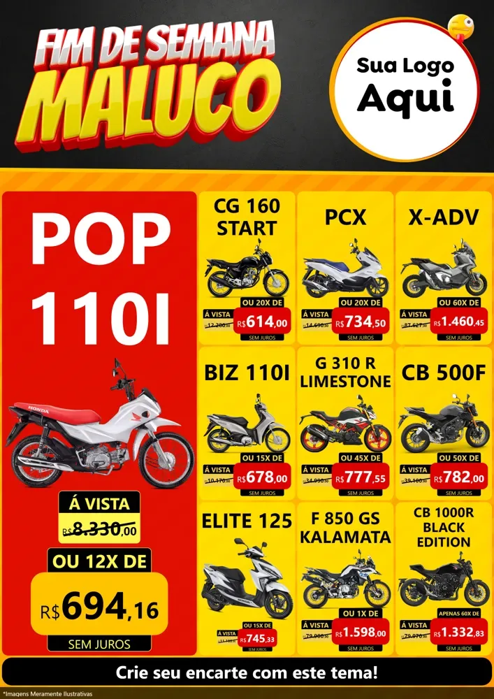 Modelo de Encarte para Encarte A4 Vertical com o tema Final de Semana Maluco para Concessionaria de Motos