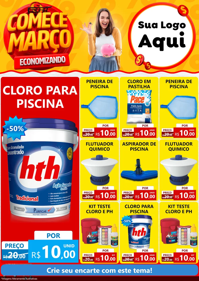 Modelo de Encarte para Encarte A4 Vertical com o tema Comece Março Economizando para Produtos para Piscina