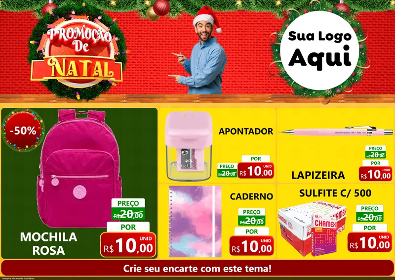 Modelo de Encarte para Encarte A4 Horizontal com o tema Promoção de Natal para Papelaria