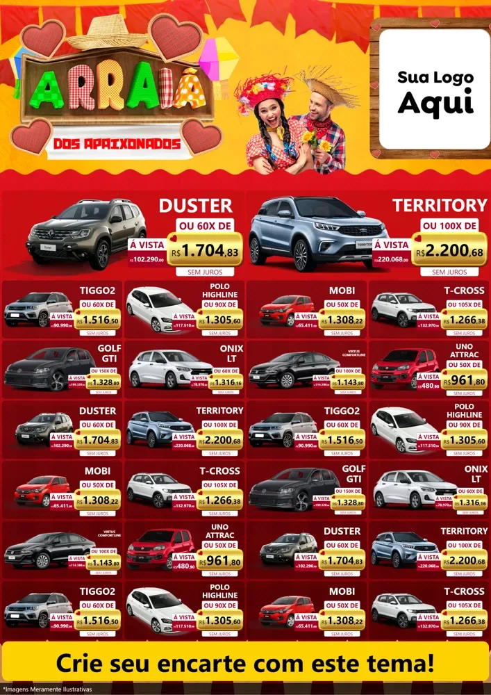 Modelo de Encarte para Encarte A4 Vertical com o tema Arraiá Dos Apaixonados - Junina para Concessionaria de Carros