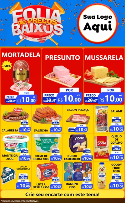 Modelo de Encarte para Encarte Grande com o tema Folia de Preços Baixos para Frios e Laticínios