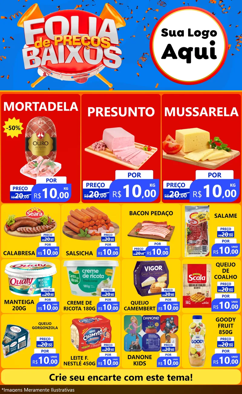 Modelo de Encarte para Encarte Grande com o tema Folia de Preços Baixos para Frios e Laticínios