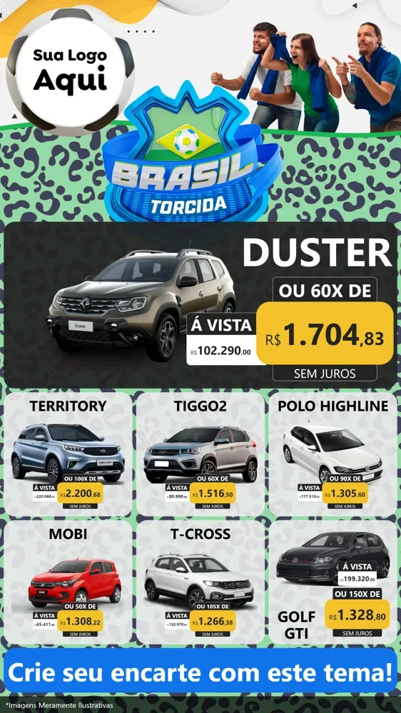 Modelo de Rede Social para Stories com o tema Brasil Torcida - Copa para Concessionaria de Carros