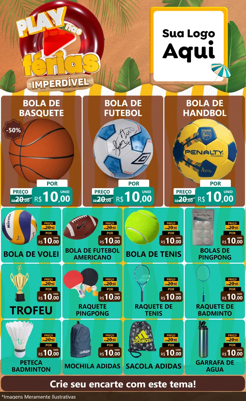 Modelo de Encarte para Encarte Grande com o tema Play Nas Férias Imperdível para Artigos Esportivos