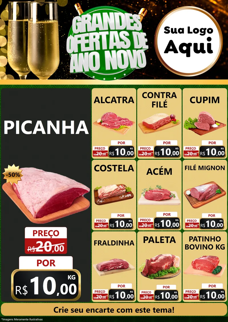 Modelo de Encarte para Encarte A4 Vertical com o tema Grandes Ofertas de Ano Novo para Açougue