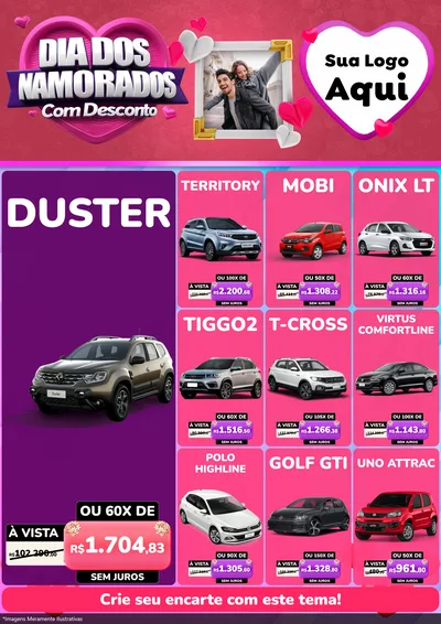 Modelo de Encarte para Encarte A4 Vertical com o tema Dia Dos Namorados Com Desconto para Concessionaria de Carros