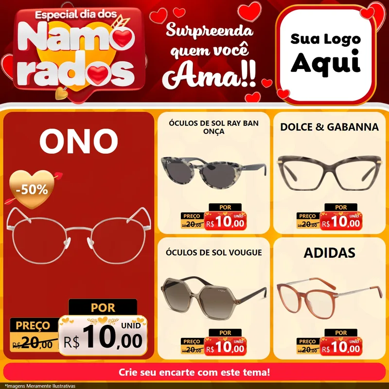 Modelo de Rede Social para Feed Facebook com o tema Especial Dia dos Namorados para Óticas