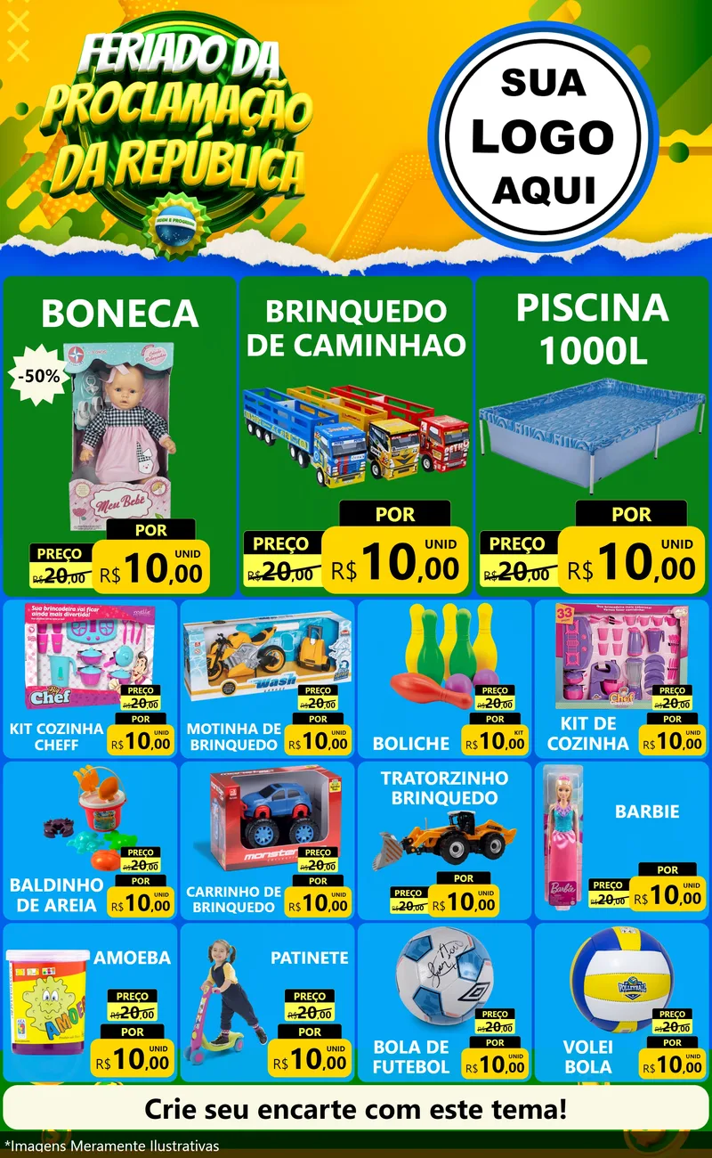 Modelo de Encarte para Encarte Grande com o tema Feriado da Proclamação da República para Brinquedos