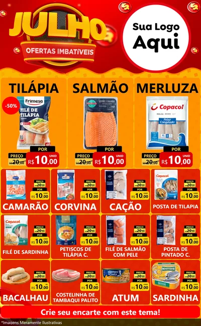 Modelo de Encarte para Encarte Grande com o tema Julho Ofertas Imbatíveis para Peixaria