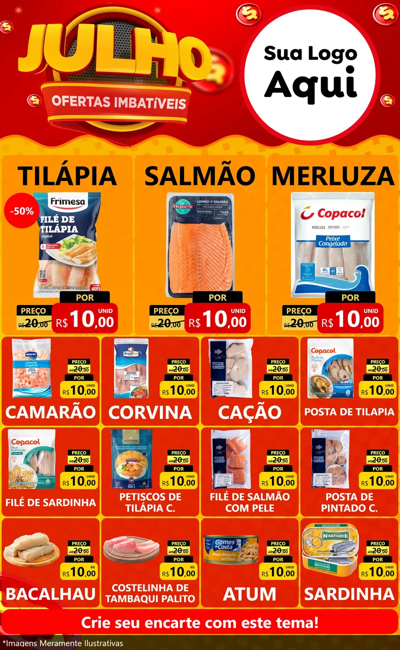 Modelo de Encarte para Encarte Grande com o tema Julho Ofertas Imbatíveis para Peixaria