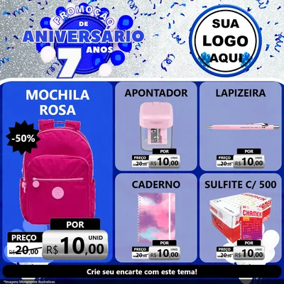 Modelo de Rede Social para Feed Facebook com o tema Promoção de Aniversário - 7 Anos para Papelaria
