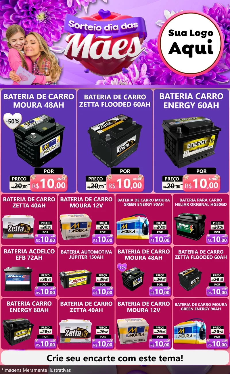 Modelo de Encarte para Encarte Grande com o tema Sorteio Dia das Mães para Baterias Elétricas