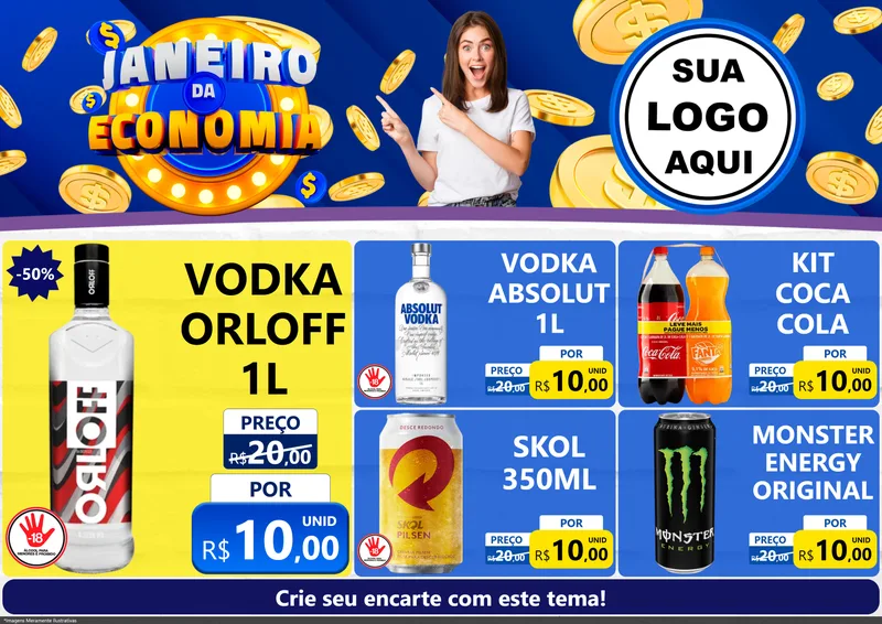 Modelo de Encarte para Encarte A4 Horizontal com o tema Janeiro da Economia para Distribuidora de bebidas