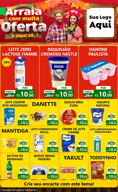 Modelo de Encarte para Encarte Grande com o tema Arraiá Com Muita Oferta - É Aqui Sô! para Frios e Laticínios