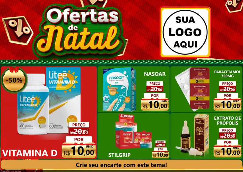 Modelo de Encarte para Encarte A4 Horizontal com o tema Ofertas de Natal para Farmácia